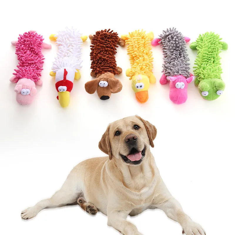 Plush microfiber molar-shaped dog chew toy in assorted animal designs including dog, duck, pig, and frog.