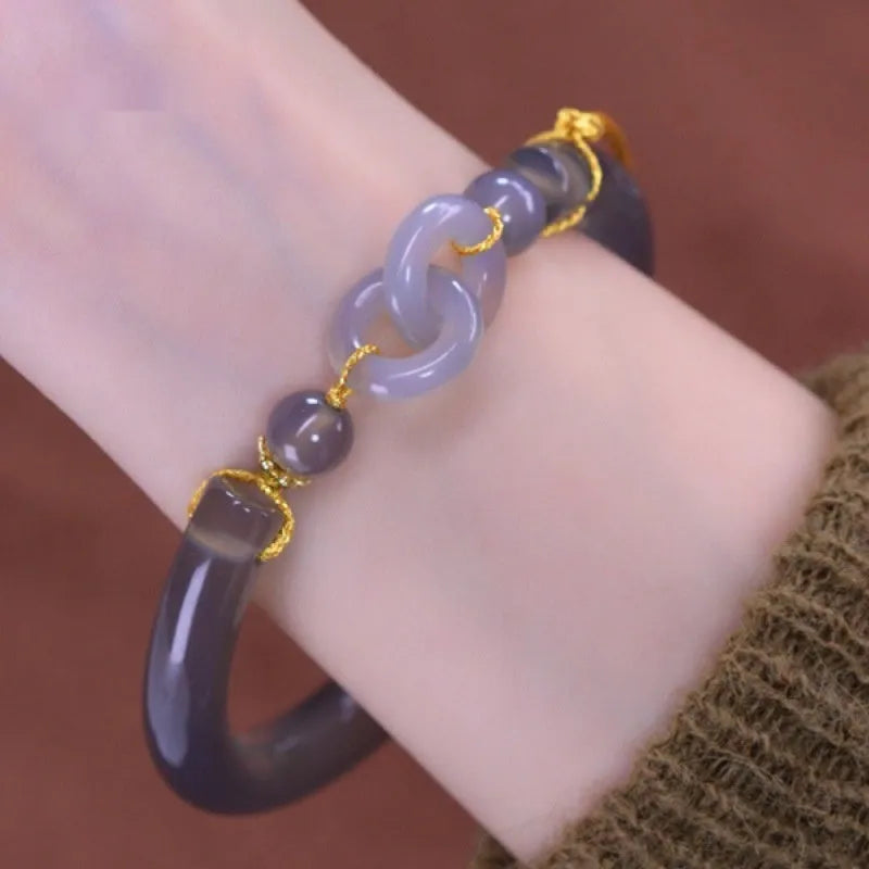 Women's smoke purple agate half bracelet with ring buckle closure in retro grey colour