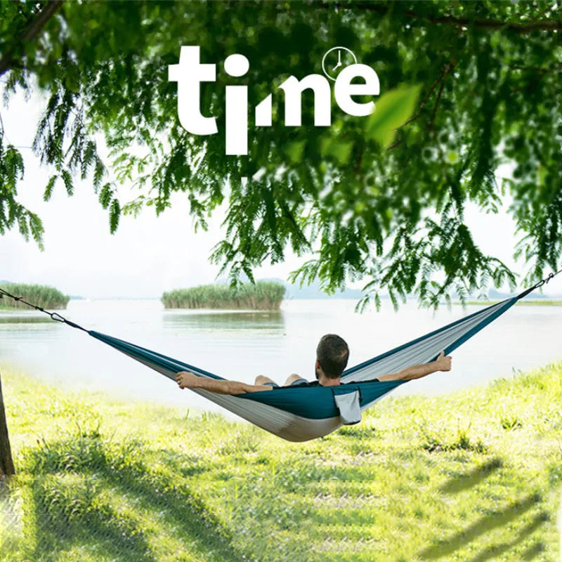 Ultralight double person outdoor hammock in 340T tear-resistant pongee fabric with 260cm rope and metal buckle, available in green