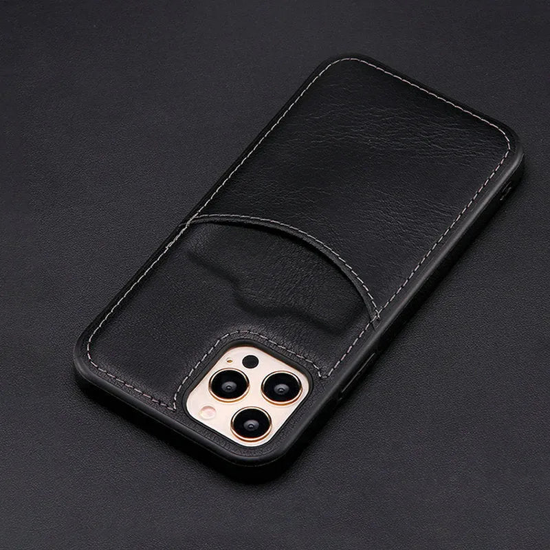 Dark blue PU leather snap-on case for iPhone showing precise cutouts for camera and ports.