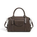 Genuine leather ladies handbag with contrast stitching in black, brown, or elephant grey
