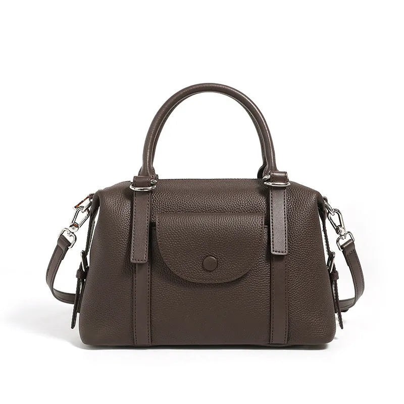 Genuine leather ladies handbag with contrast stitching in black, brown, or elephant grey
