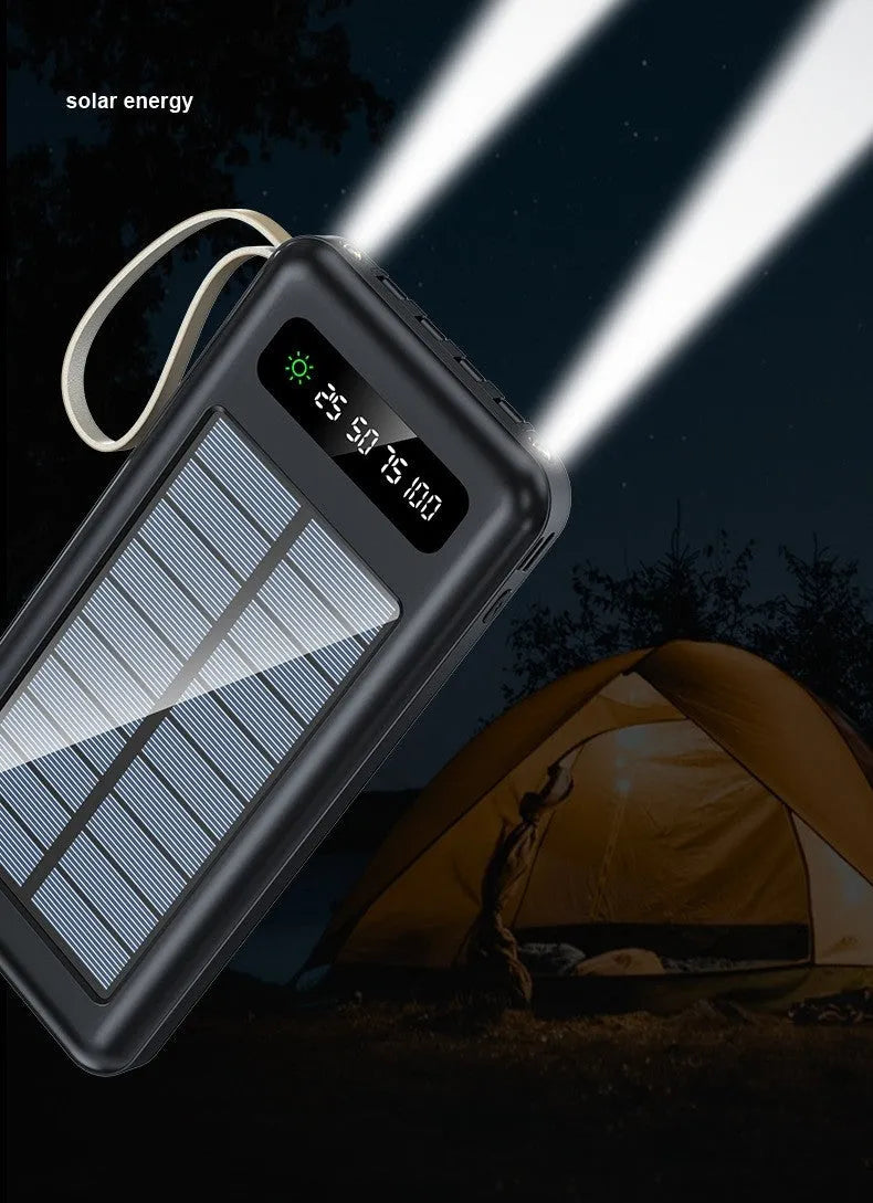 Solar Super Capacity Power Bank in black or white, showing solar panel and compact 144mm design.