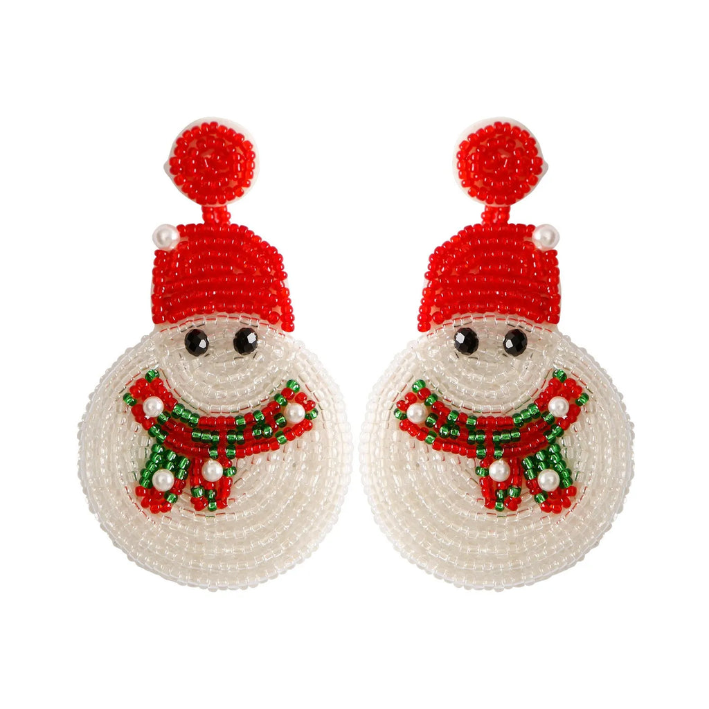 White acrylic snowman bead earrings on a white background, geometric shape, one pair shown