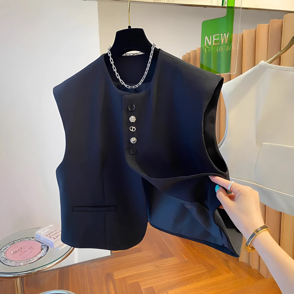 Loose-fitting waistcoat dress with pockets in solid colour polyester fabric
