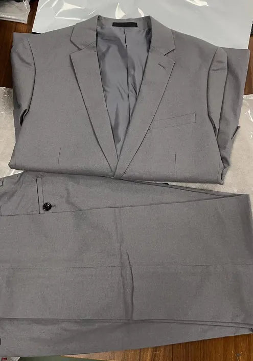 Men's plus size slim fit linen blend two-piece suit set in khaki with jacket and trousers on a hanger