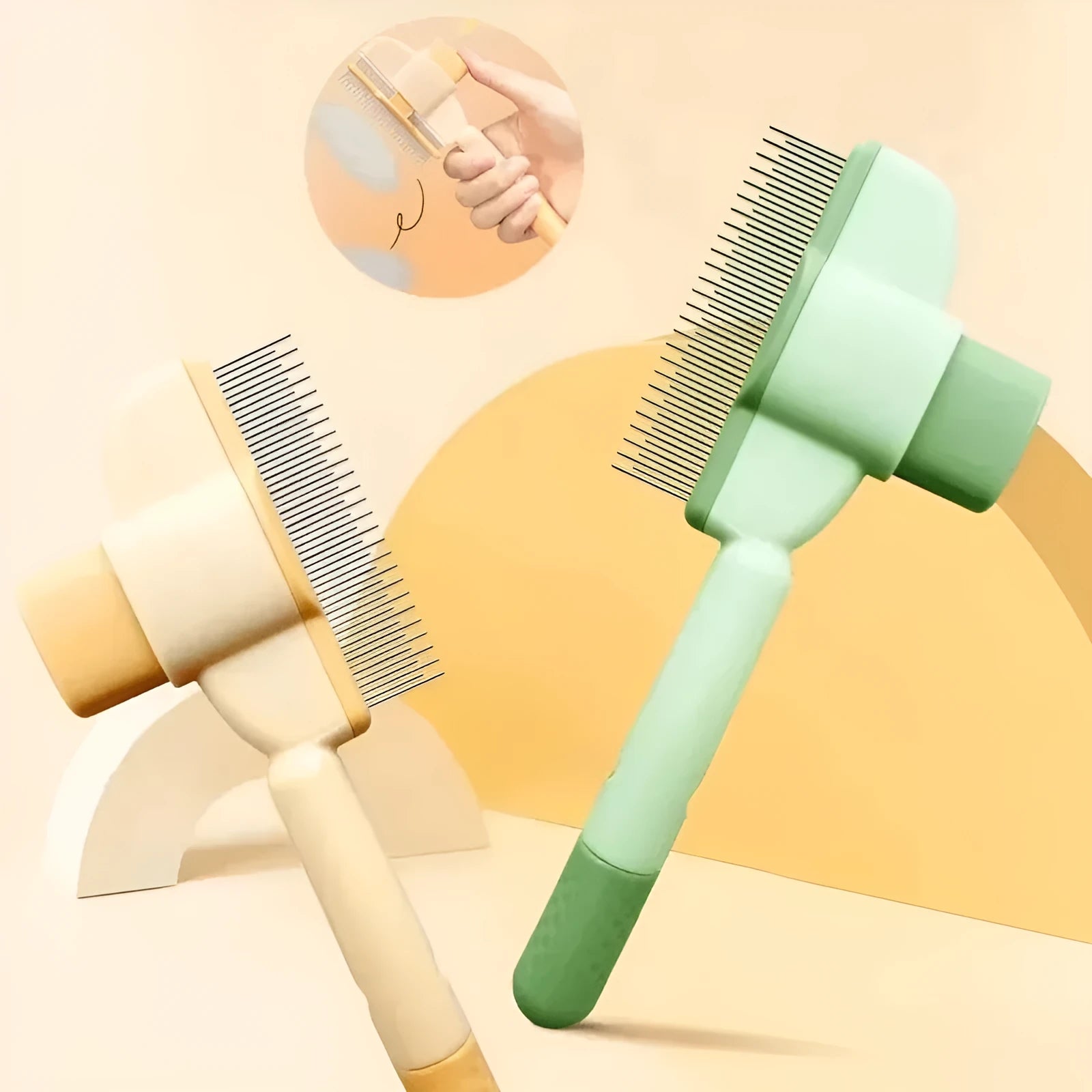 Green and yellow dog grooming brush with silicone bristles and one-click hair removal mechanism