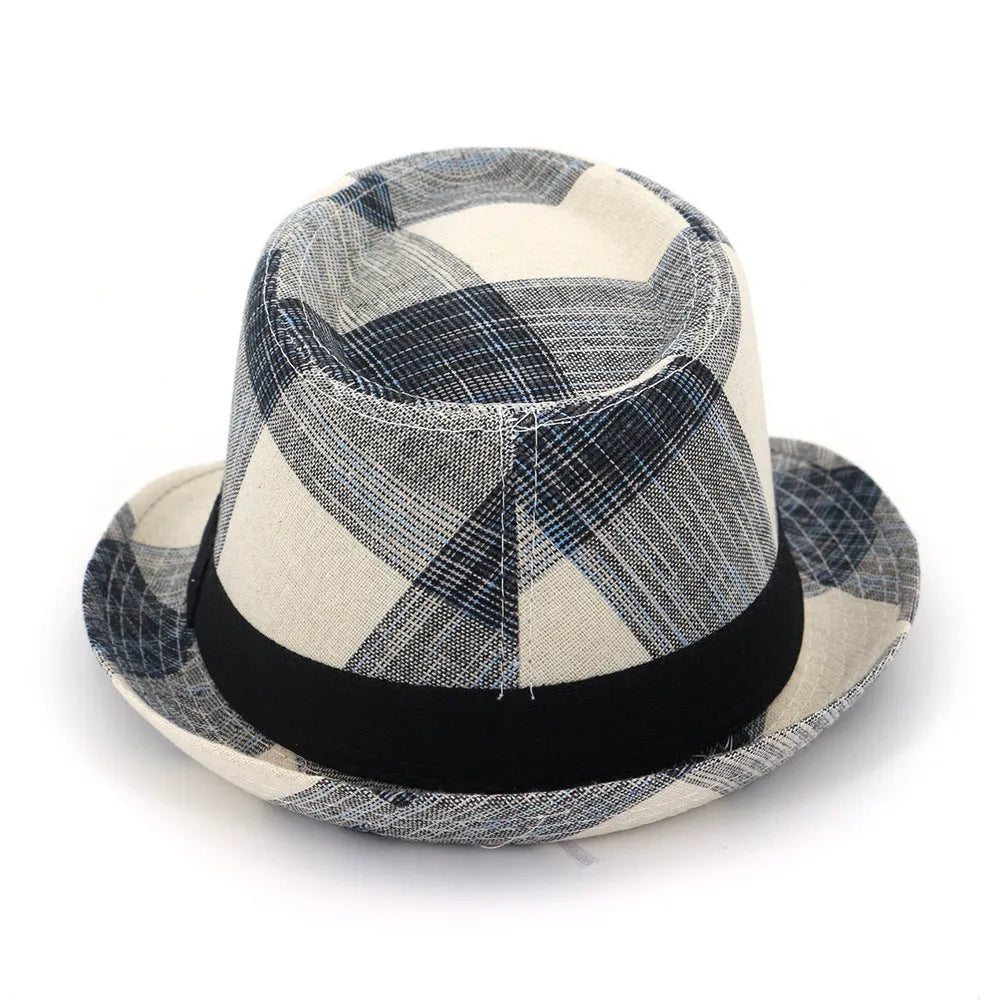 Blue polyester sun hat with a bell-shaped crown and a medium brim on a neutral background