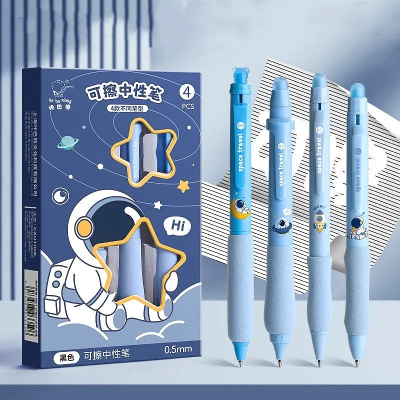 Erasable cartoon press gel pen with 0.5mm tip showing Aerospace and Panda design options.