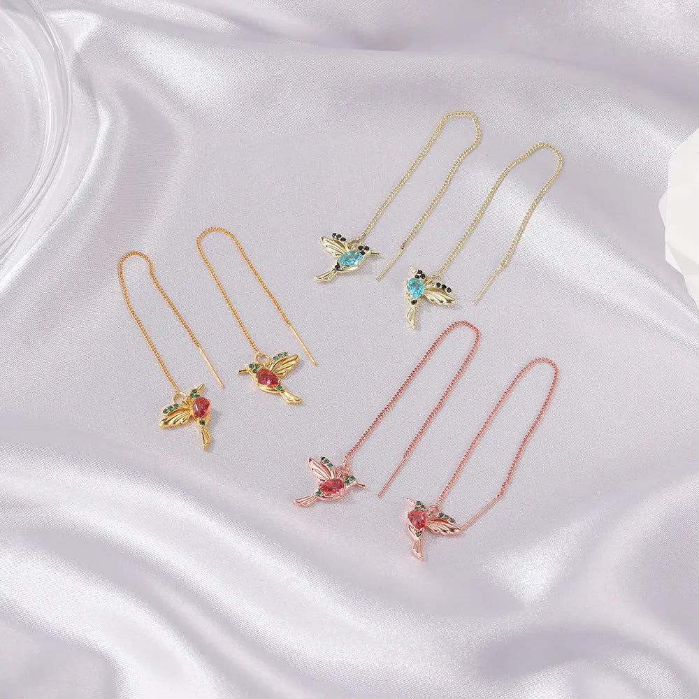 Little bird drop long hanging hummingbird earrings in rose gold finish with crystal tassel pendant