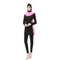 Conservative black women's swimsuit with long sleeves, a hood, and rose red accents.