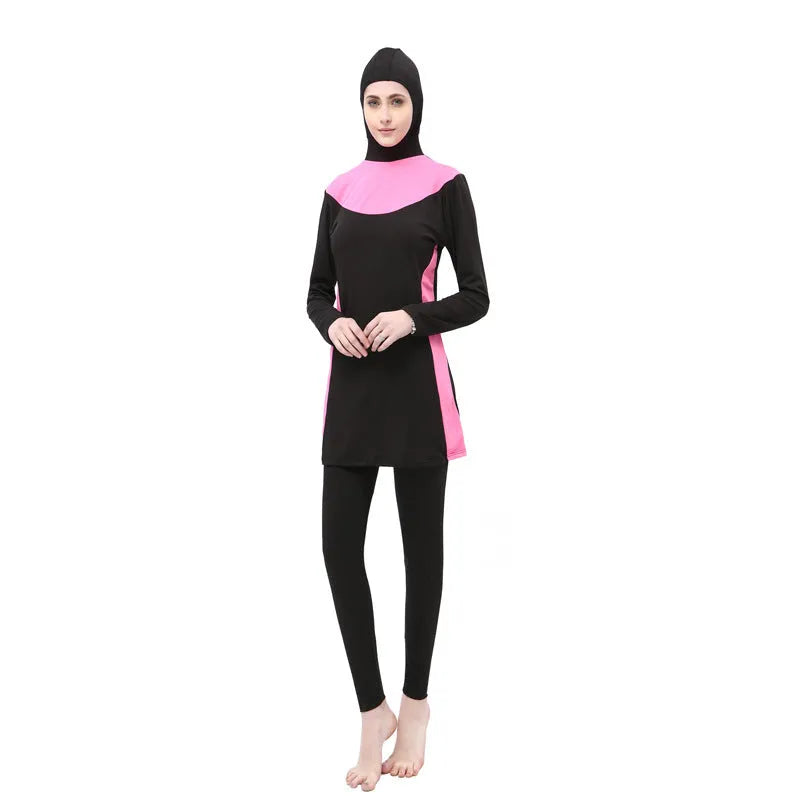 Conservative black women's swimsuit with long sleeves, a hood, and rose red accents.
