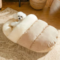 Slipper-shaped grey cat cave bed with Arctic velvet interior shown in both enclosed and open configurations