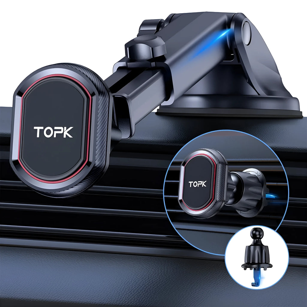 Magnetic car phone holder with suction cup and hook bracket on dashboard