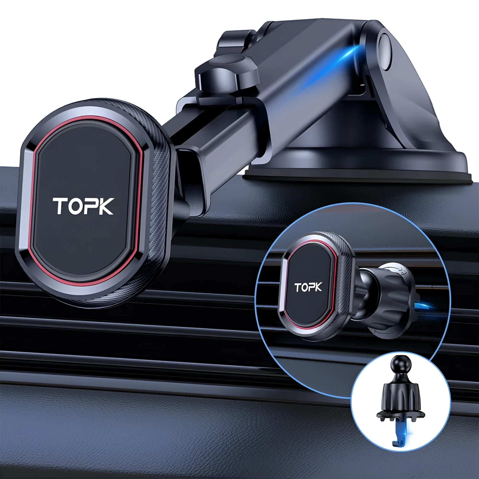 Magnetic car phone holder with suction cup and hook bracket on dashboard