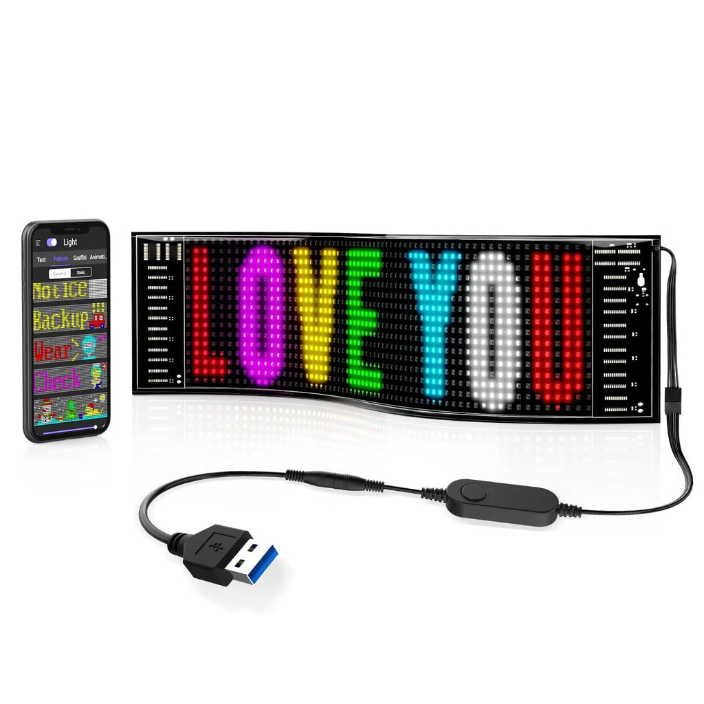 Flexible full-colour LED soft screen with Bluetooth app control, 120x985mm display area, and USB power