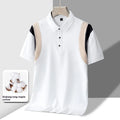 Man modelling a grey striped short-sleeve cotton T-shirt with a V-neck lapel design