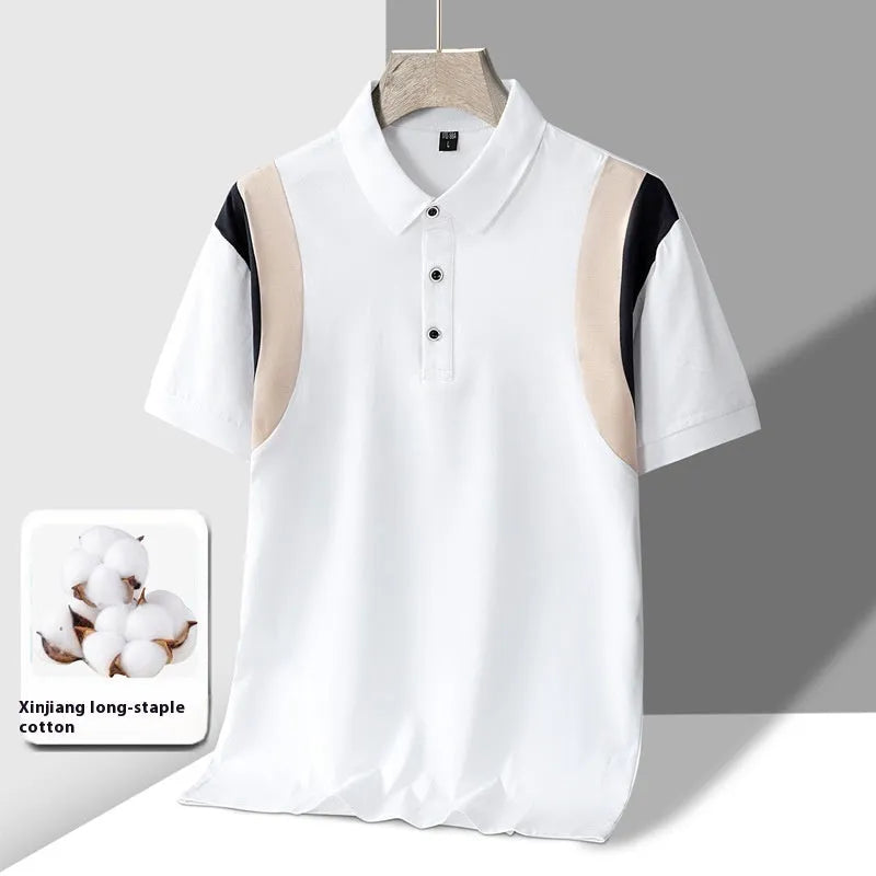 Man modelling a grey striped short-sleeve cotton T-shirt with a V-neck lapel design