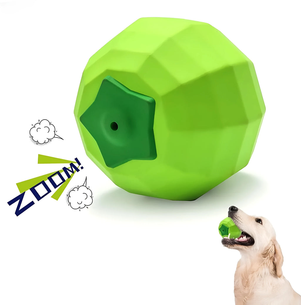 Green beef-flavoured natural rubber squeaky ball dog toy for large breed chewing.