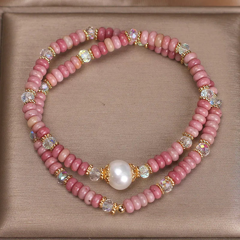 Red hair crystal bracelet for women with chalcedony lotus seedpod pendant and imitation pearl double circle design