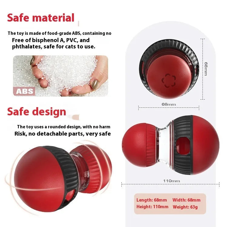 Super ball coloured plastic rotating cat toy with sound feature for food dispensing.