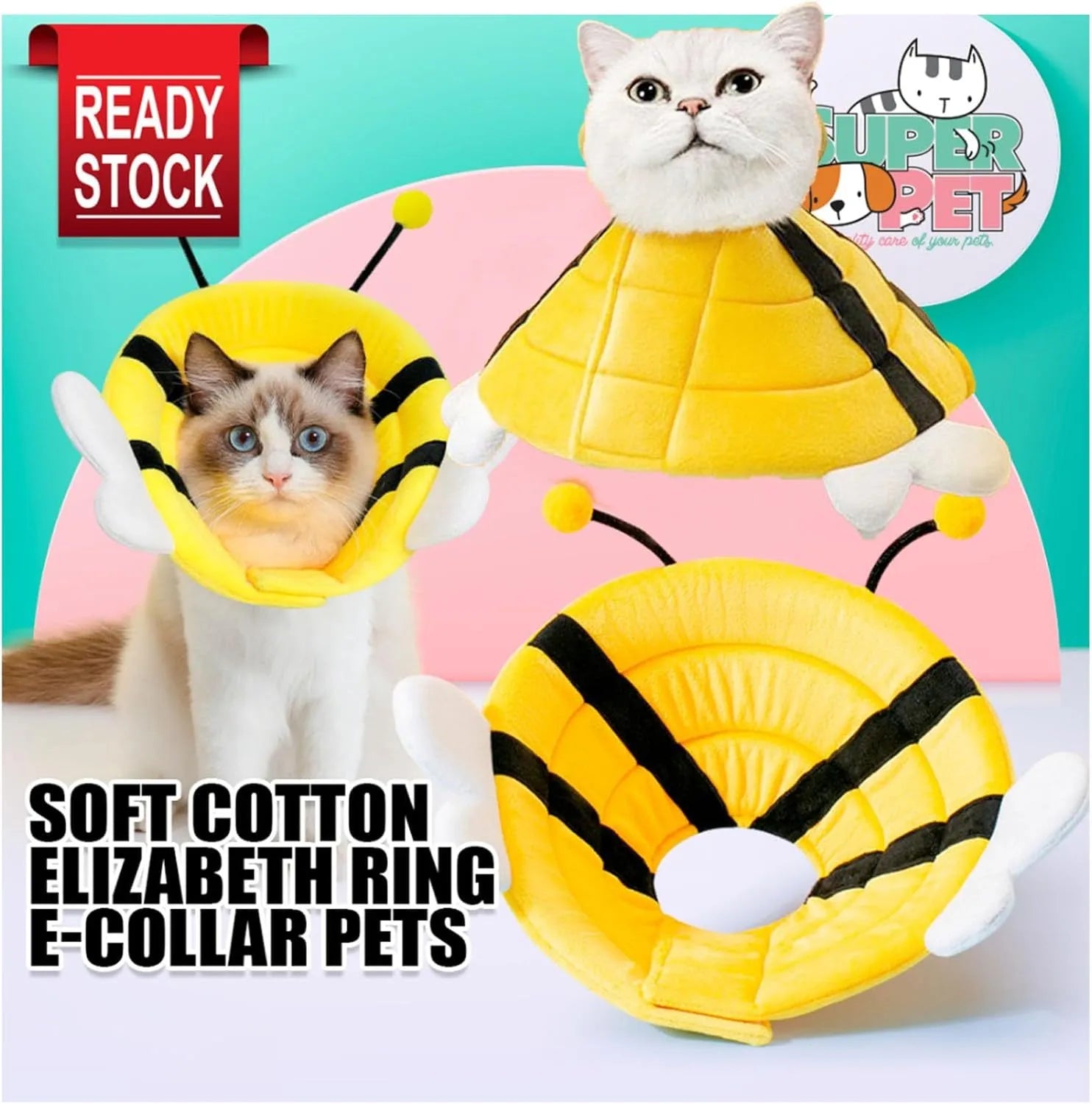 Soft bee-shaped cat cone collar with adjustable Velcro strap