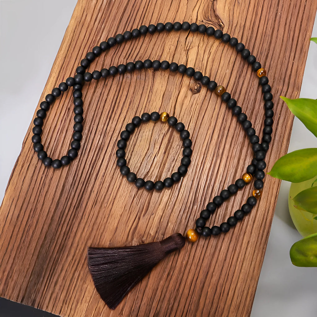Tigereye stone beaded necklace and bracelet set with drop pendant on adjustable 81cm length