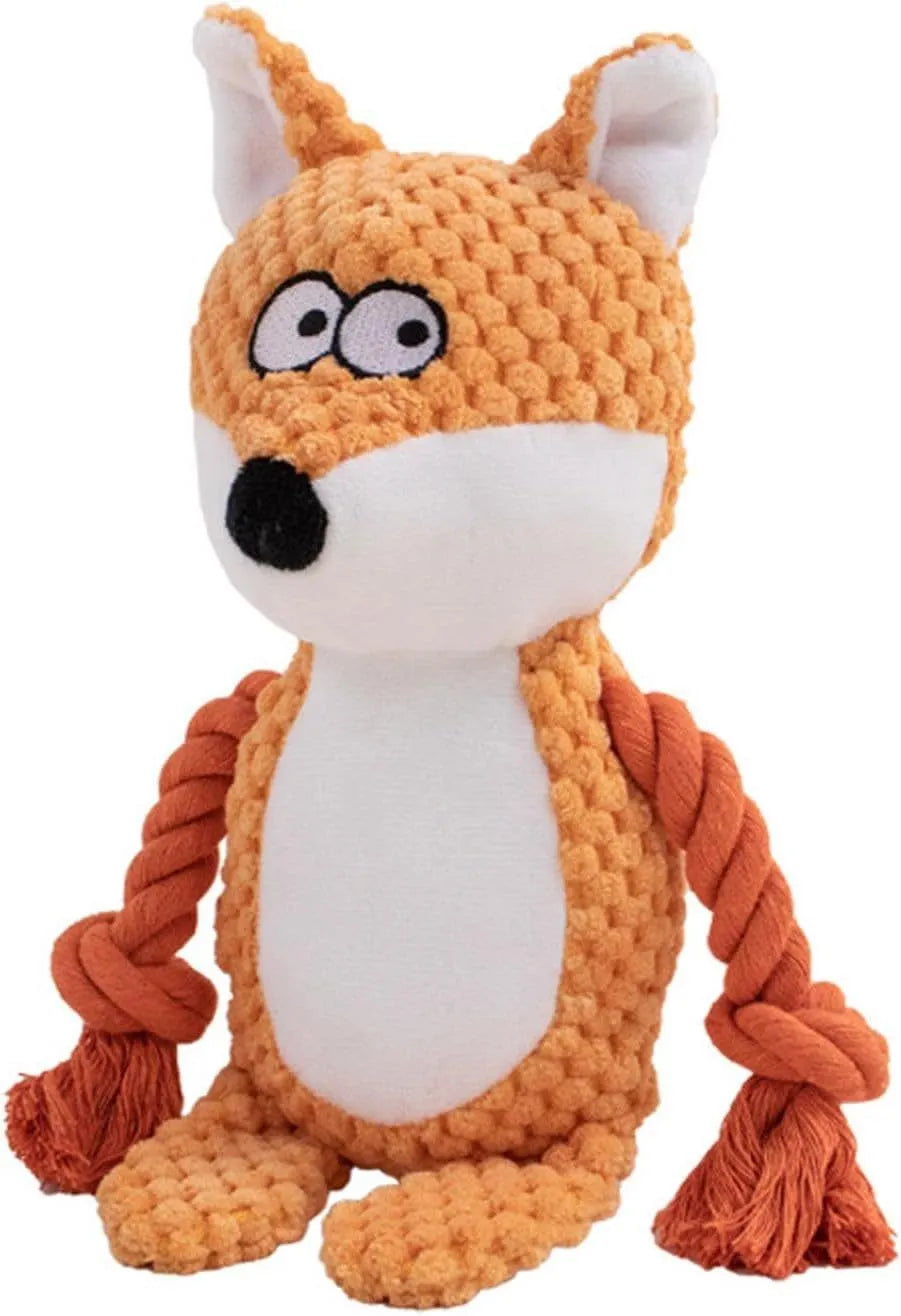 Plush dog toy with squeaker, crinkle paper and cotton rope in animal designs for small medium dogs