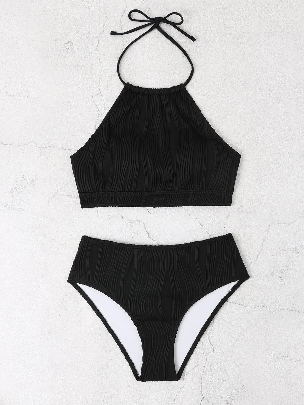 Conservative high-waist apron-style one-piece women's swimsuit in solid colour.