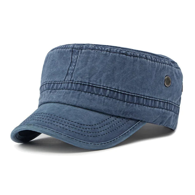 Flat top military cap in cotton fabric with adjustable strap and four colour options