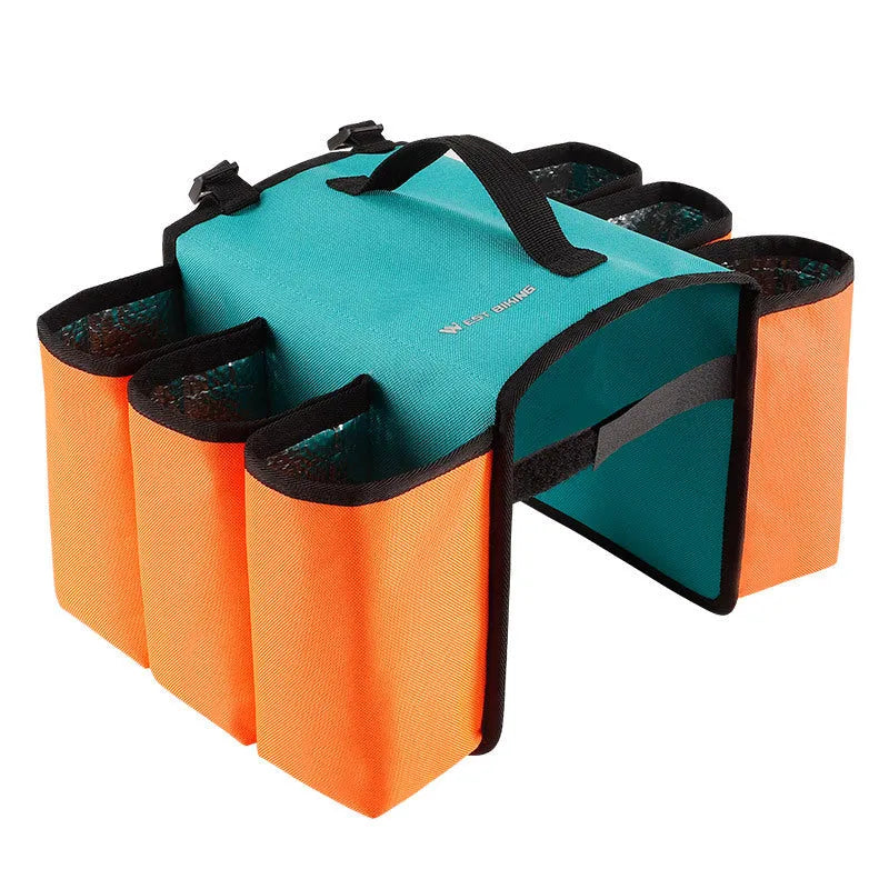 Black bicycle drink cage storage bag mounted on a bottle cage, showing its 2-litre capacity and scratch-resistant side panels.