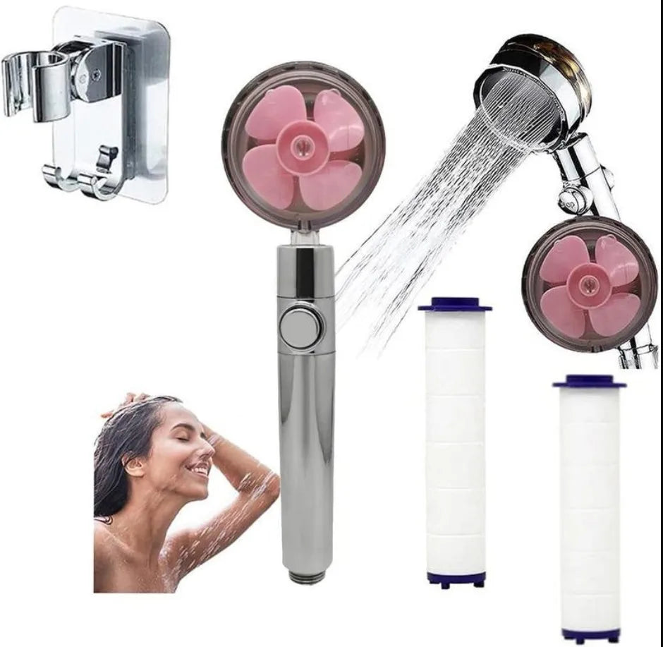 Blue handheld shower head with stop button and turbo nozzle on a chrome bracket.