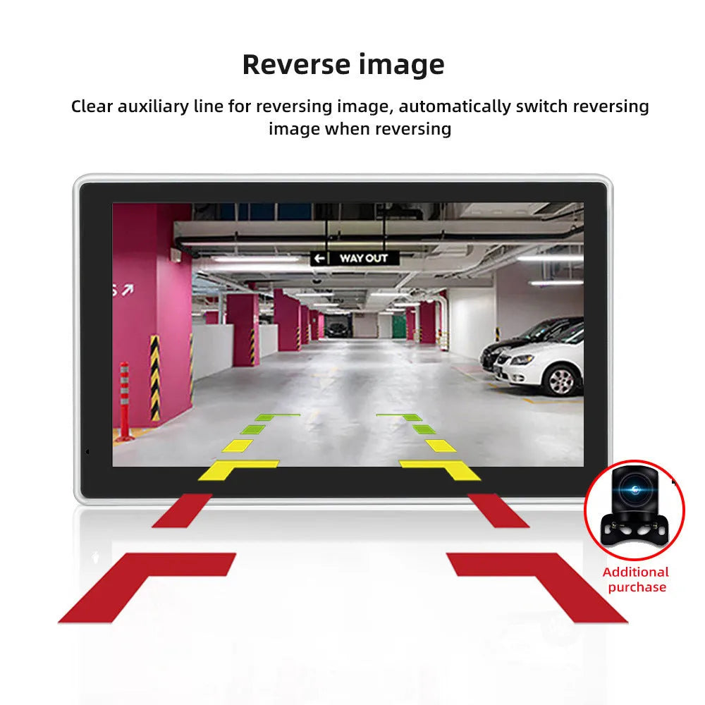 Black 7-inch wireless CarPlay touch screen car dash camera with wide-angle lens.