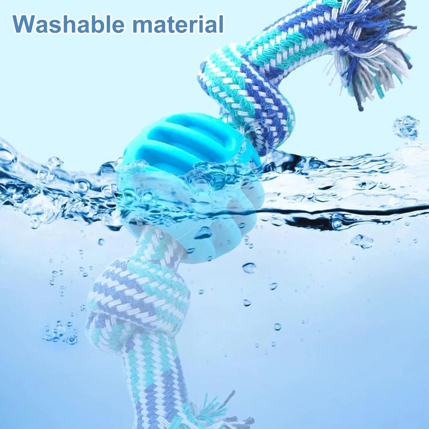 Blue molar-shaped dog chew toy with an integrated rope for dental care and play.