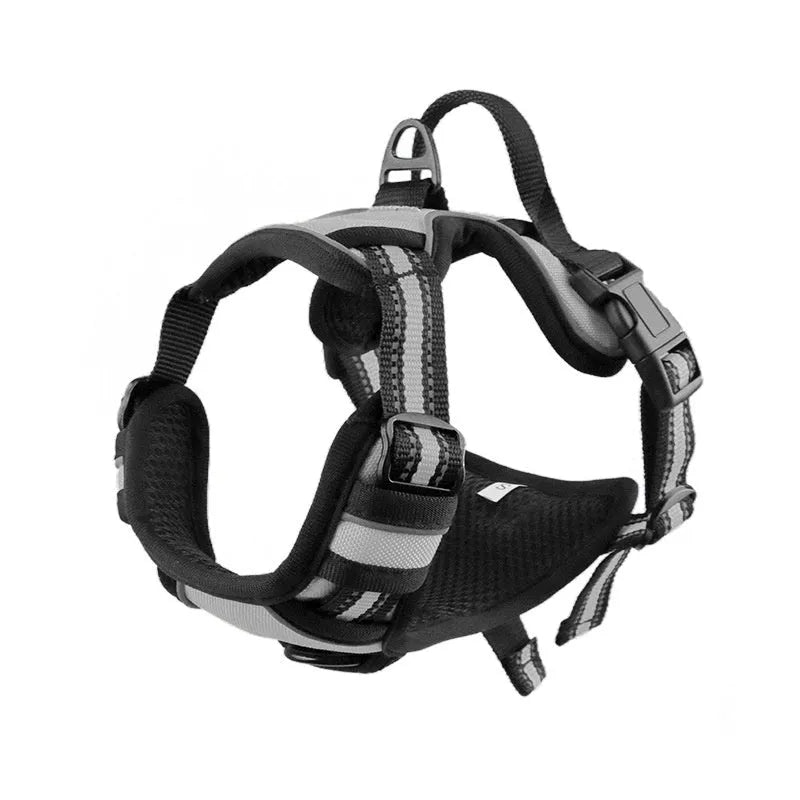 Adjustable dog chest harness in Oxford cloth showing eight colour options and four size variations