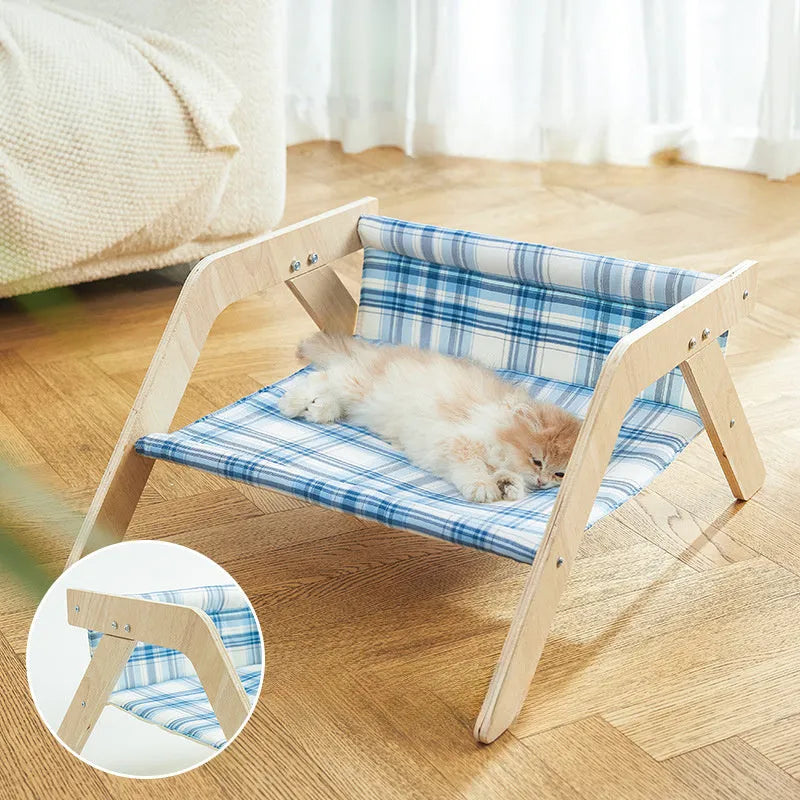 Wooden frame cat hammock bed with soft cloth seat in blue colour