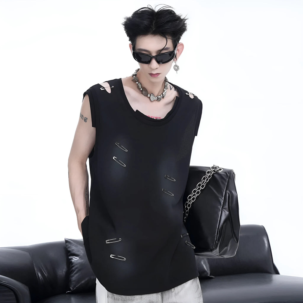 Men's black ripped sleeveless vest waistcoat t-shirt with irregular cutting and round neck