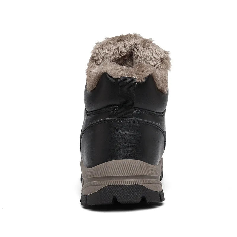 Men's winter boots warm leather shoes black artificial PU upper rubber sole thick plush lining