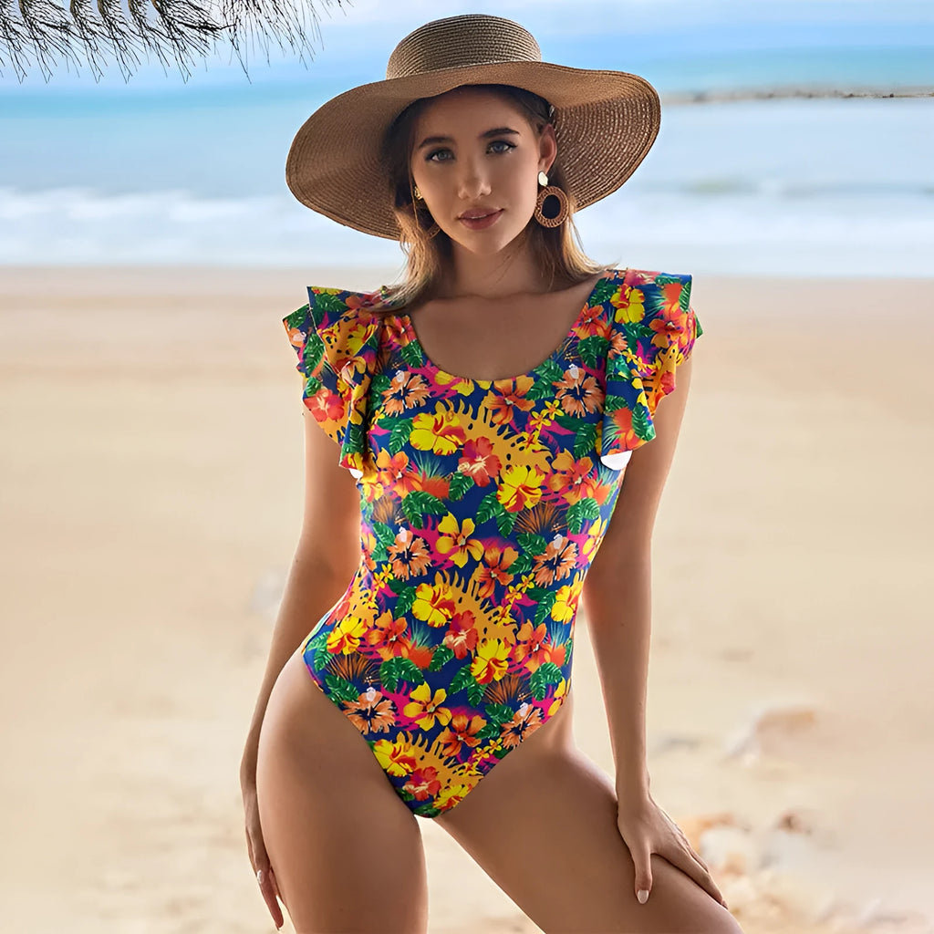 Women's one-piece swimsuit with U-shaped neckline and lace detailing on polyester fabric.