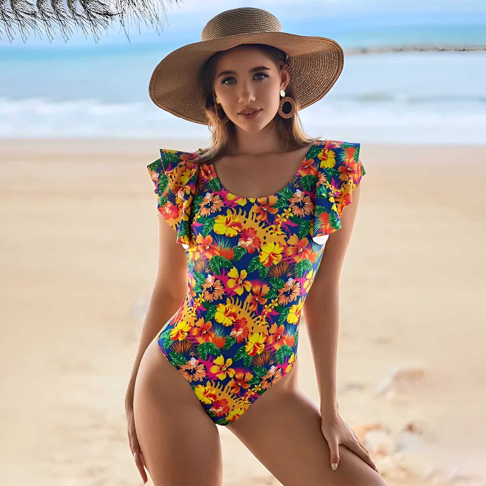 Women's one-piece swimsuit with U-shaped neckline and lace detailing on polyester fabric.