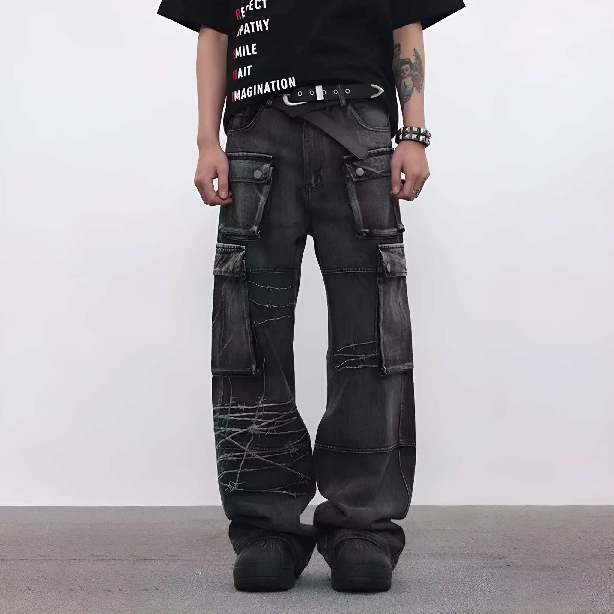 Men's black cotton wide-leg trousers with embroidery detailing and mid waist design