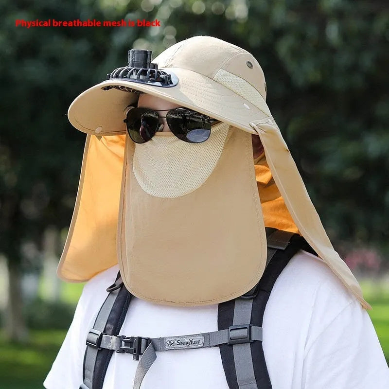Man's khaki sun hat with wide brim, neck cover, and a visible USB fan module on the front.