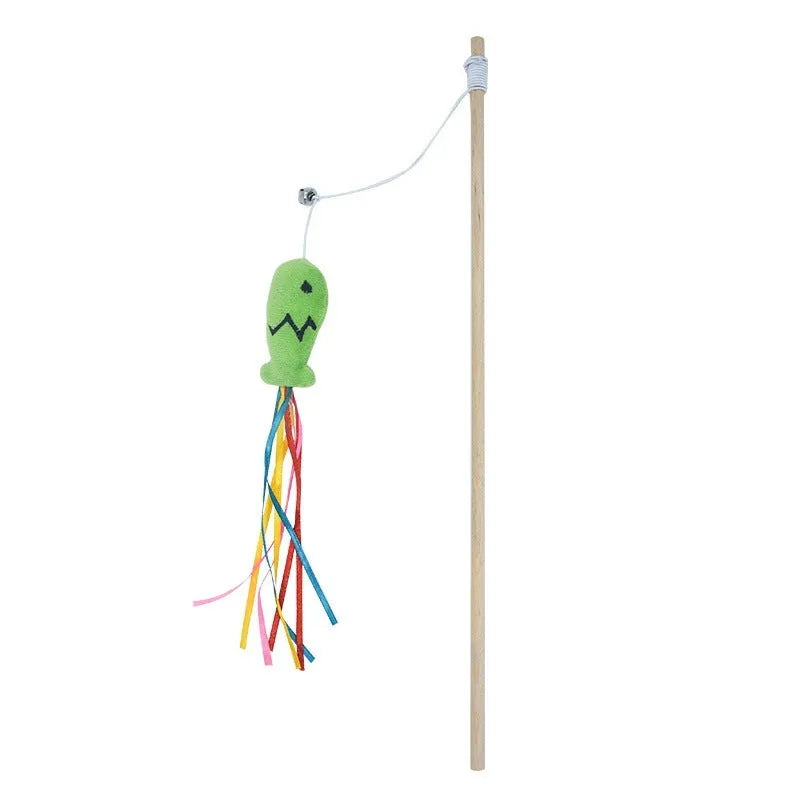 Wooden-handle cat wand toy with colourful ribbons, catnip fish, and bell for interactive indoor play
