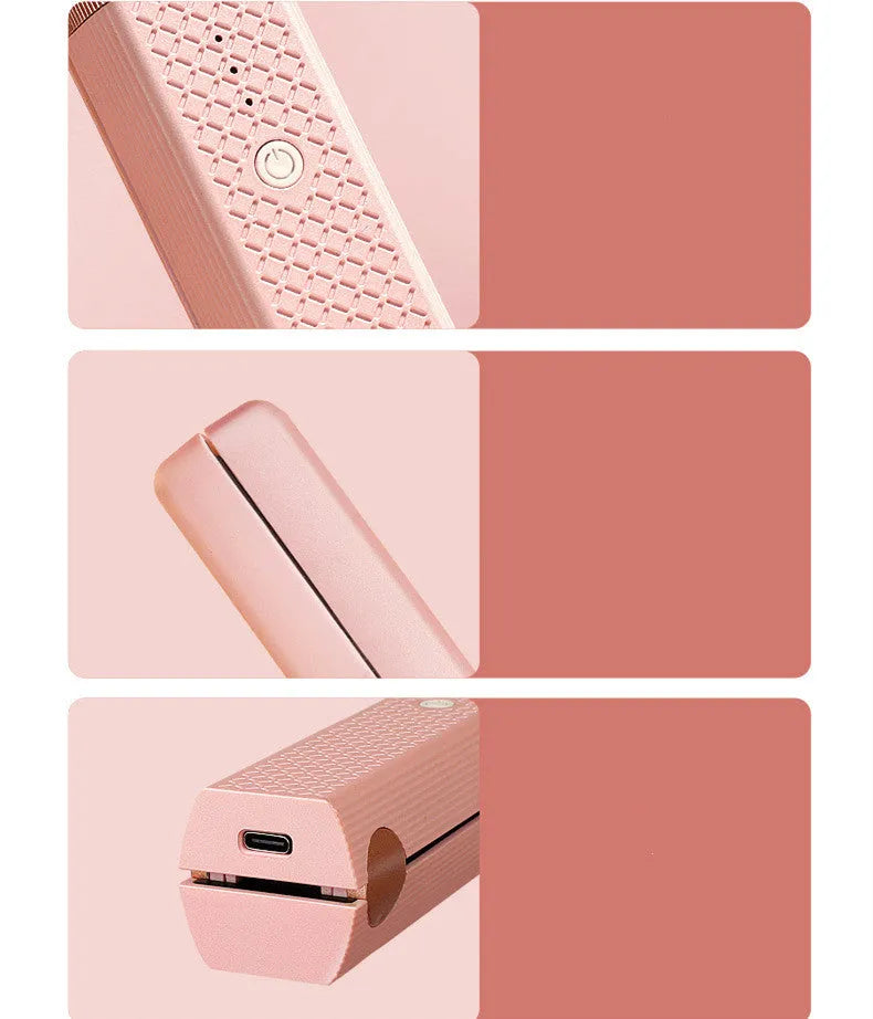 Pink and green cordless USB hair straightener with ceramic plates and digital temperature display.
