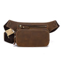 Brown men's sports waist bag made from top layer cowhide leather with pull closure