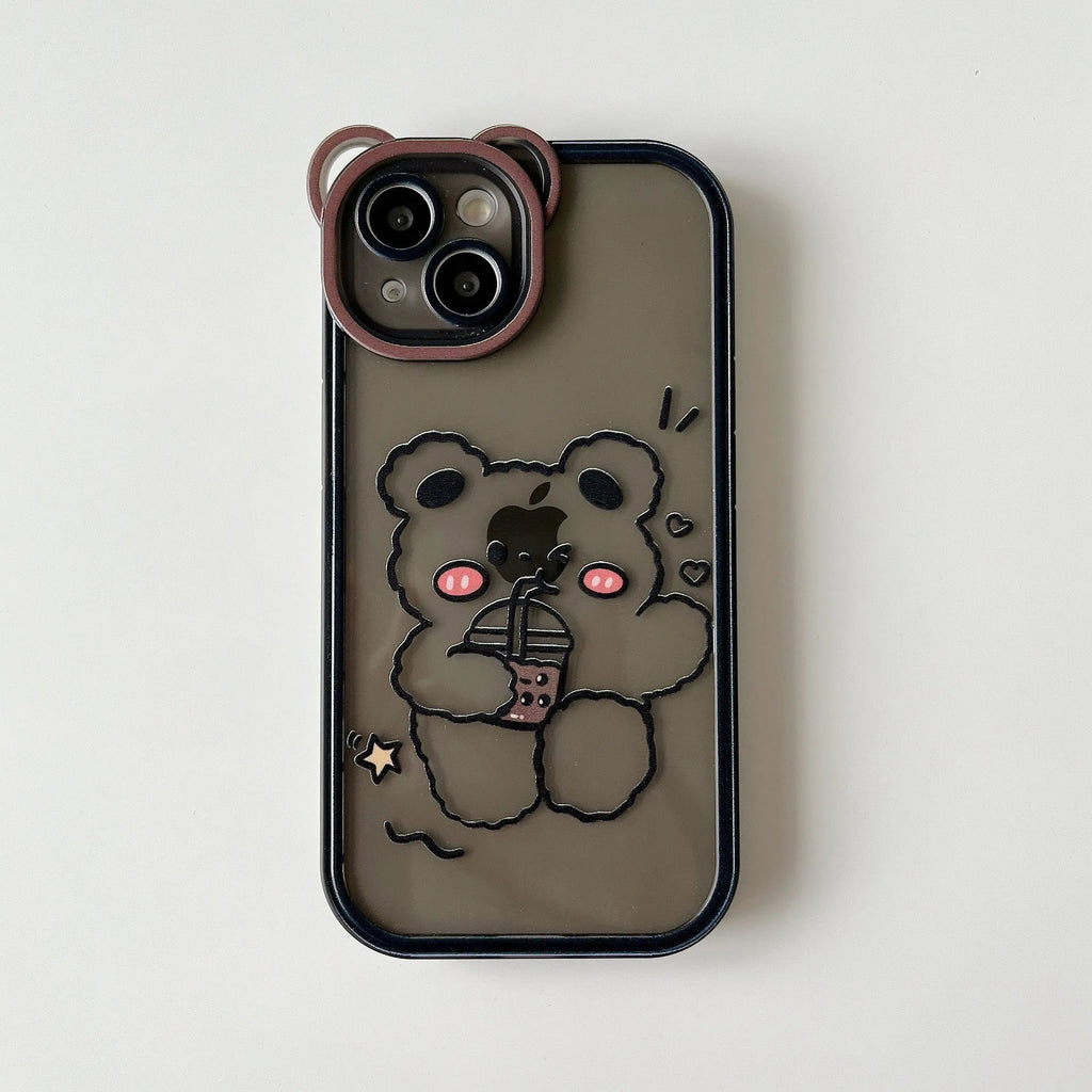 Bear photo frame TPU phone case for iPhone with Drinking Milk Tea bear graphic on a soft back cover