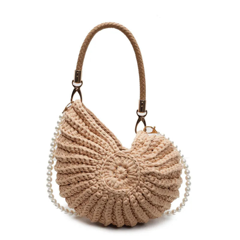 Handmade woven women's shoulder bag in European American retro style with double straps and built-in phone compartment