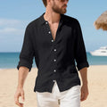 Loose fit linen casual shirt in Army Green colour, showing button placket and relaxed sleeve on a hanger.