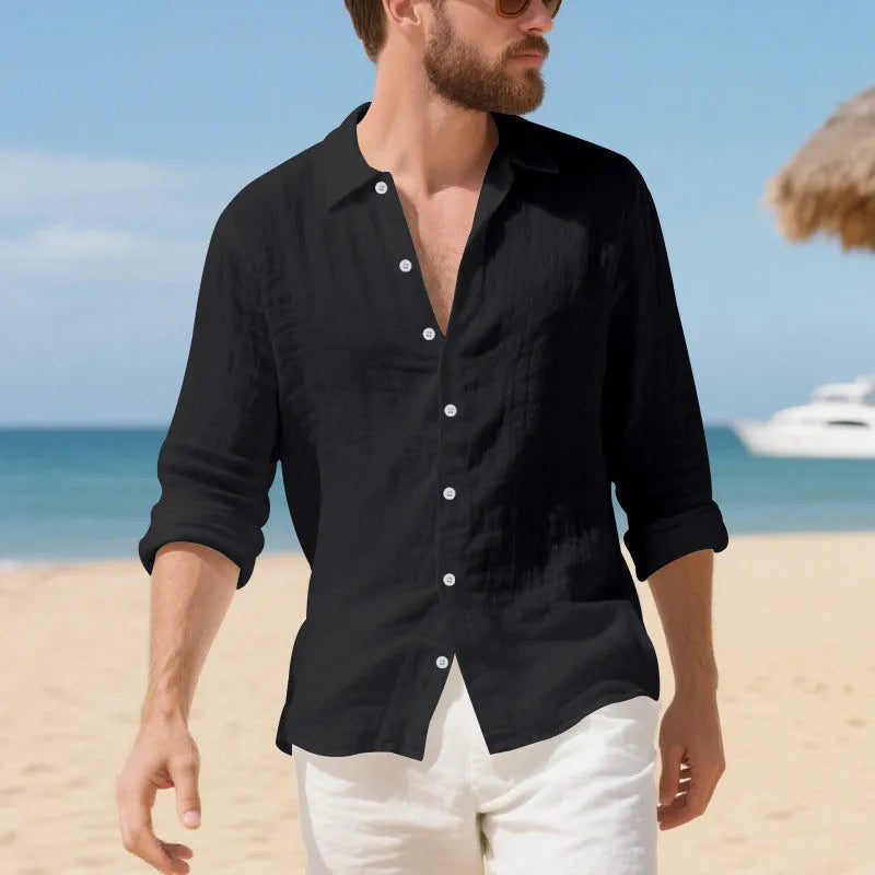 Loose fit linen casual shirt in Army Green colour, showing button placket and relaxed sleeve on a hanger.