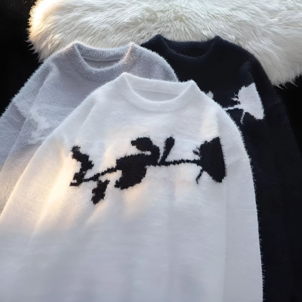 Men's dark rose flocking horse pattern pullover sweater in cotton-polyester fabric